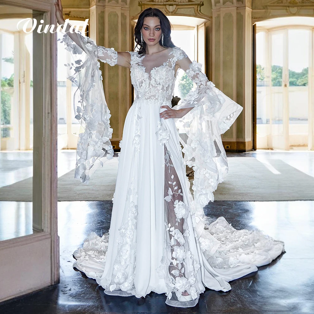 로맨틱 보헤미안 3D 플로럴 브라이덜 가운 벨 슬리브 일루젼 스쿱 넥 쉬폰 웨딩 드레스 탈부착 가능한 레이스 트레인 맞춤 제작