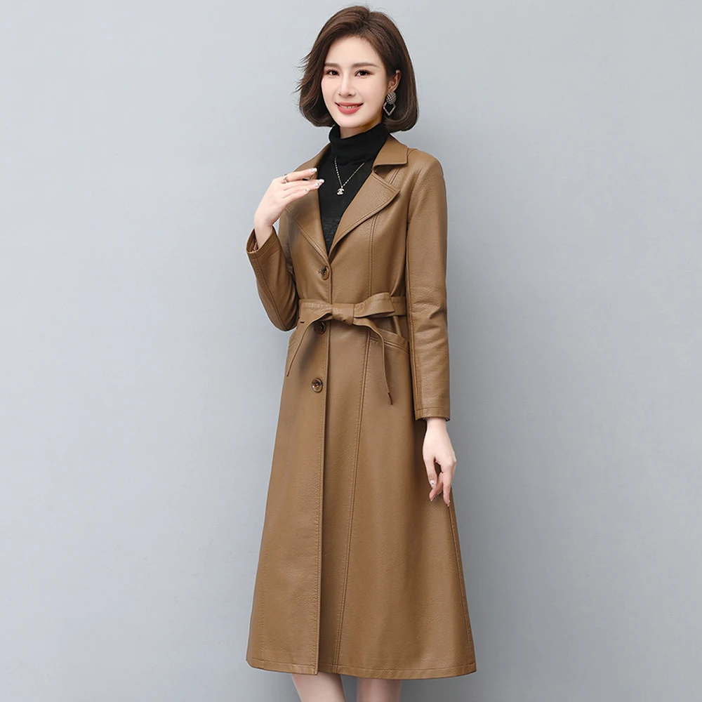 Nuevo Mujeres Piel Trench Coat Primavera Otoño Moda Clásico Traje Cuello Largo Piel de oveja Abrigo Cintura estrecha Piel Serraje Abrigo Tops