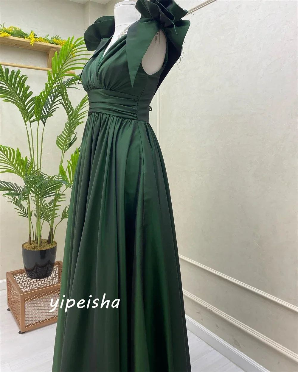 تخصيص الرجعية مطابقة أنيقة كلاسيكية جيرسي كشكش ريشة الطية ألف خط الخامس الرقبة فساتين طويلة فساتين السهرة الطراز الحديث S