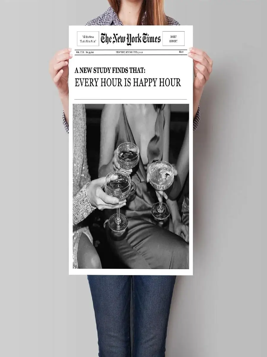Vintage Newspaper Canvas Wall Art  Trendy Black White Girls Cocktail Cheers Prints  Aesthetic Posters  Happy Hour Quotes  Girly