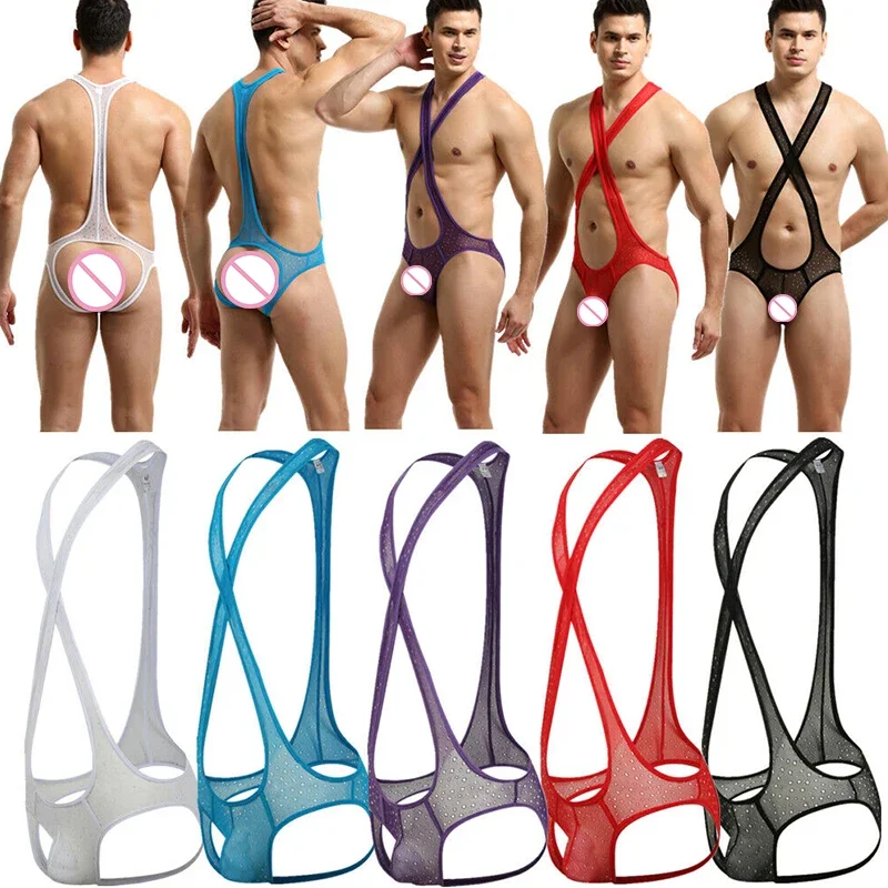 Mesh Undershirts Wrestling Singlets Jumpsuits Leotard Gay Mens Underwear Backless Bodysuits Male Briefs Penis Pouch Jockstrap