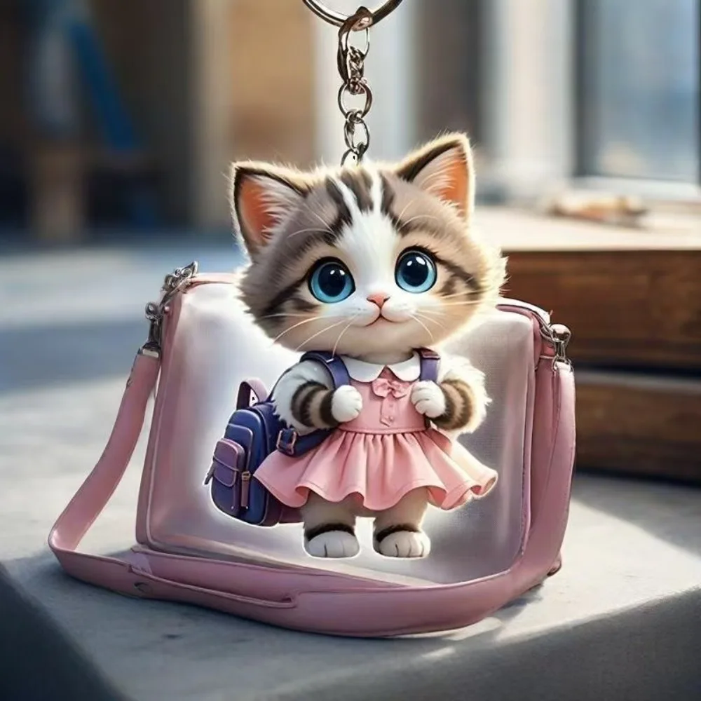 New 2D Flat Acrylic Creative Pink Skirt Flat Cartoon Cat Decoration Car Pendant Keychain Decoration Hanging Ornament Jewelry