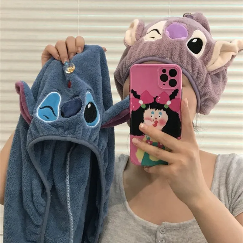 

Disney Cute Cartoon Stitch Dry Hair Cap Embroidered Love 3D Ears Thickened Absorbent Quick Drying Coral Velvet Dry Hair Towel