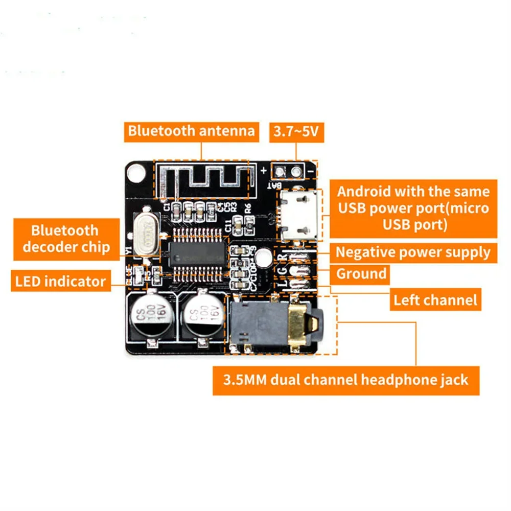 Placa receptora de Audio Bluetooth 5,0, placa decodificadora MP3 sin pérdidas, módulo de música estéreo inalámbrico, Micro USB tipo C, VHM-314