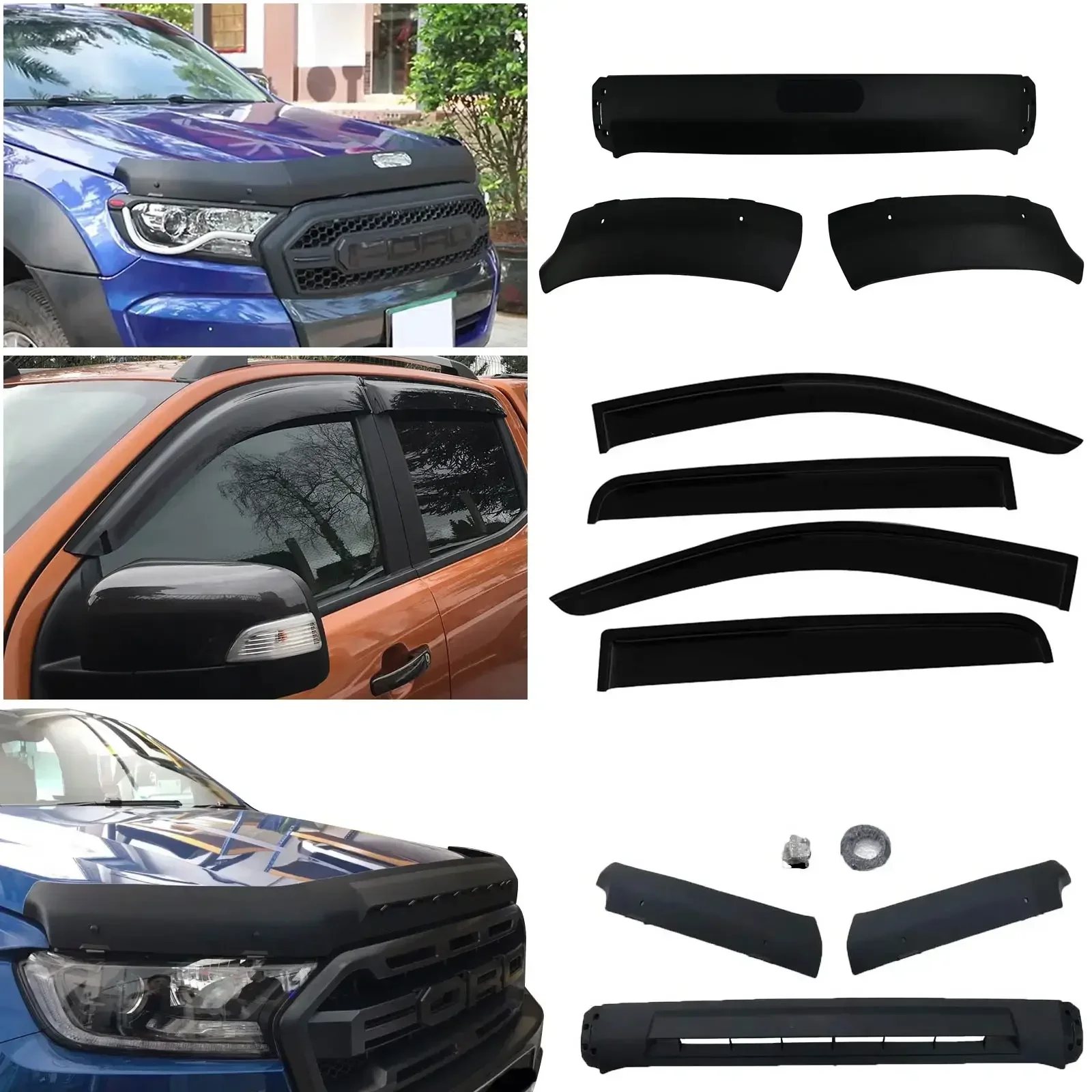 Bonnet Guard and Window Visor Deflector Set for Ford Ranger Wildtrak T7 T8 2015-2022 PX MK2 MK3 XL XLT Stone Protector Shield