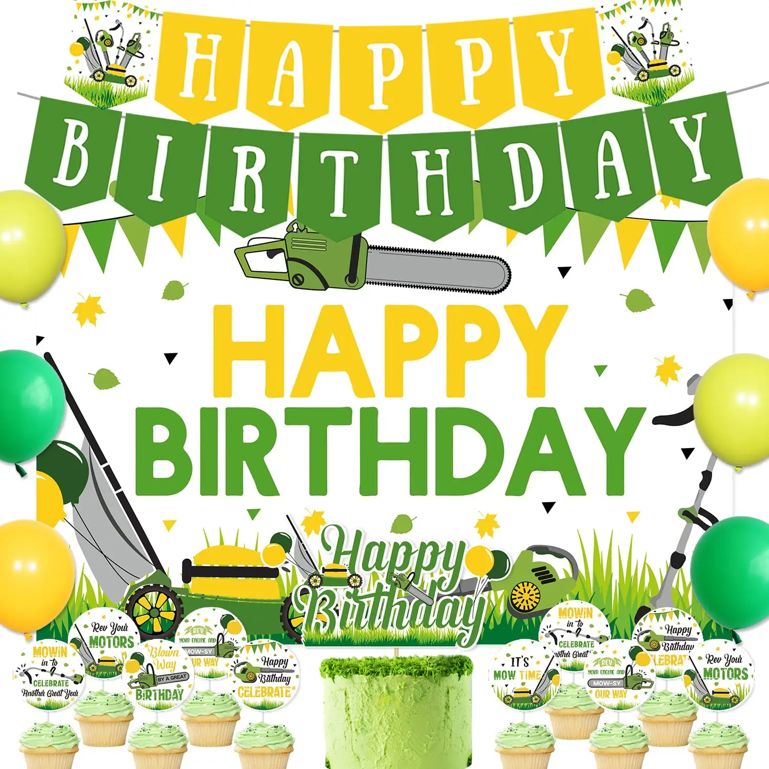 46Pcs Lawnmower Birthday Party Decoration Mower Background Happy Banner Green Tractor Cupcake Toppers for Boys Farm Themed Time