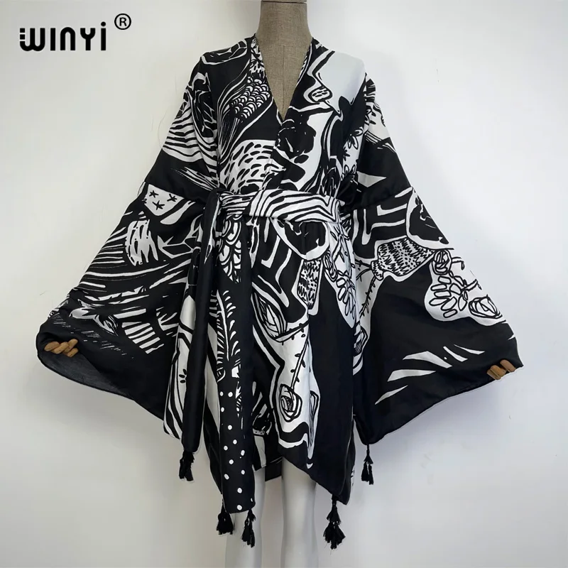 WINYI 2023 Bikini Cover-ups Fashion printing Self Belted Women Summer Clothing Kimono party Dress Beach Wear Swim Suit Cover Up