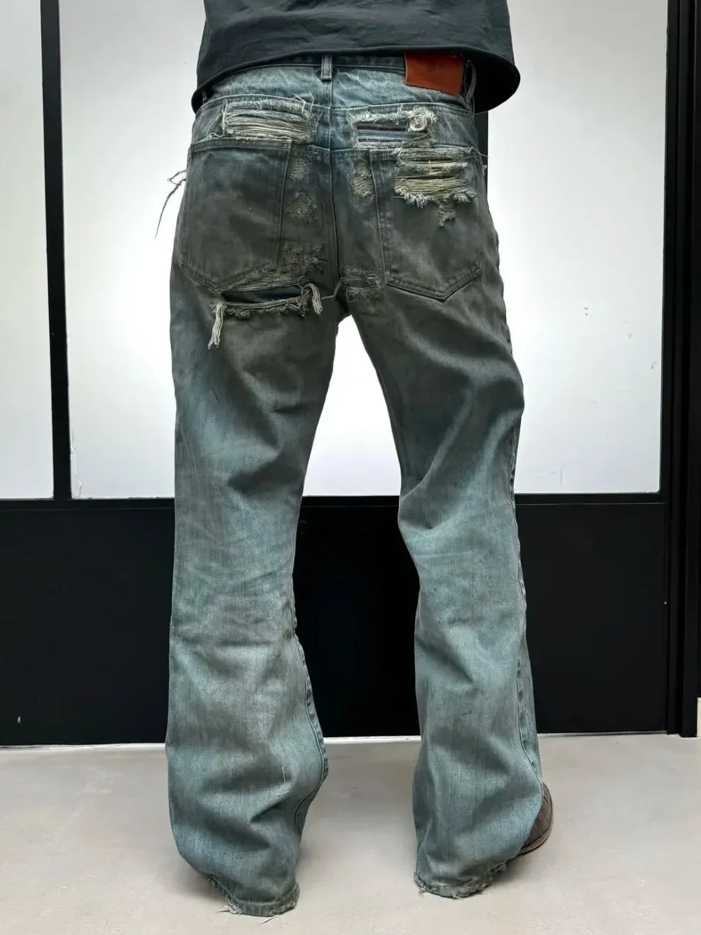 No Faith heavy industry washed ink splashing drawstring patch damage red edge red ear cloth micro horn jeans