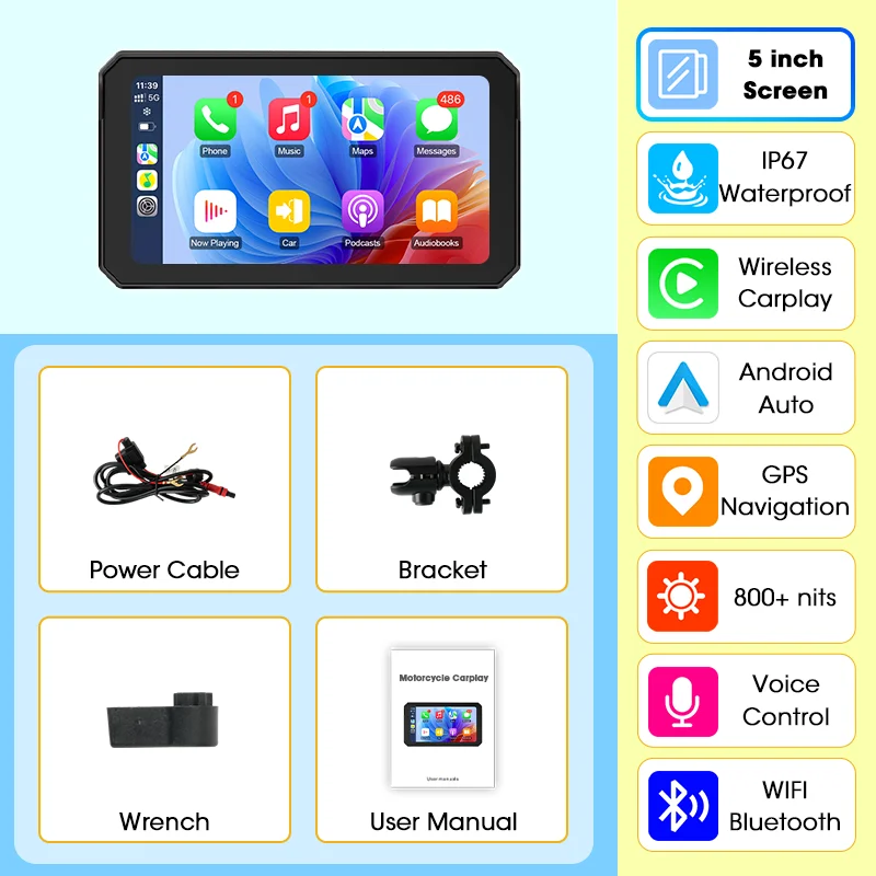 Jansite Motorfiets Display Scherm, Draadloze Carplay & Android Auto Moto GPS Navigator, IP67 Waterdichte Draagbare Motorfiets Dashboard, Dubbele Bluetooth 5.0, Ondersteunt Helm WIFI Intercom,