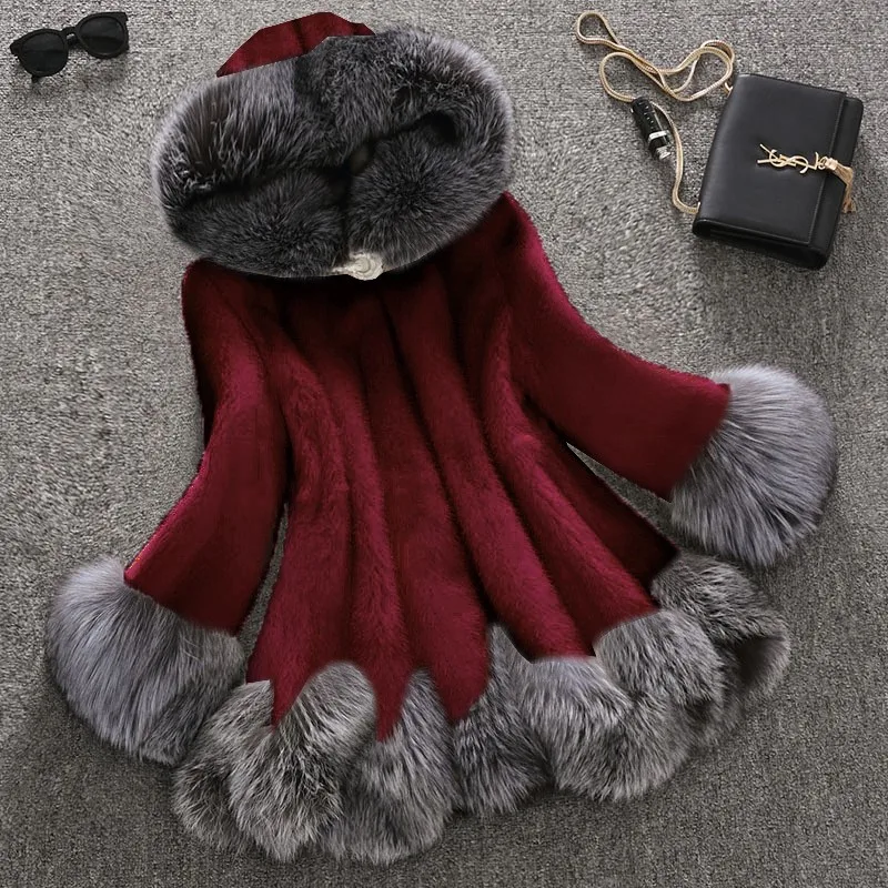 Women's Autumn Winter Hooded Faux Fur Coat Medium Length Contrast Fox Fur Trim Loose Long Sleeve Thick Warm Mink Look Outerwear