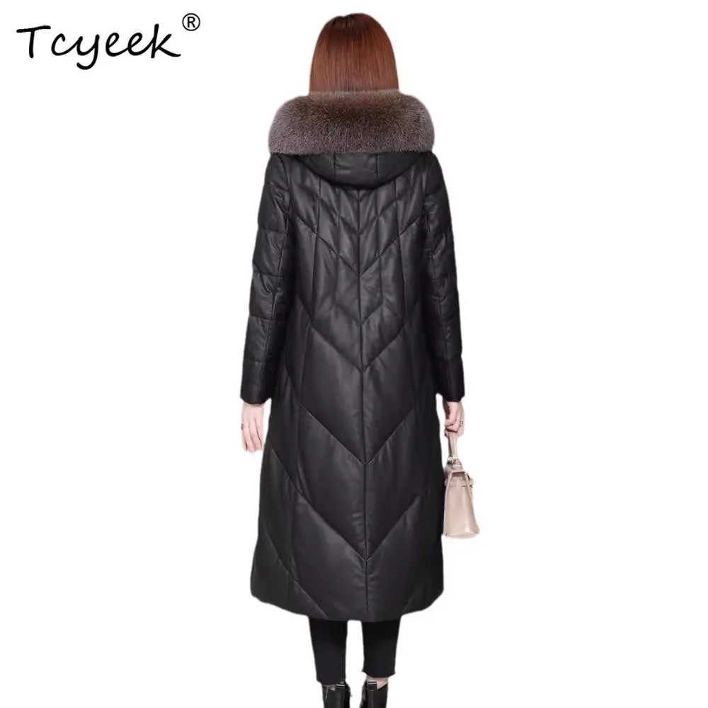 Tcyeek Pelle di pecora Piuma d'anatra bianca Autunno Inverno Con cappuccio Nero Giacca in vera pelle da donna di media lunghezza Жakiıyжаglas Куртка