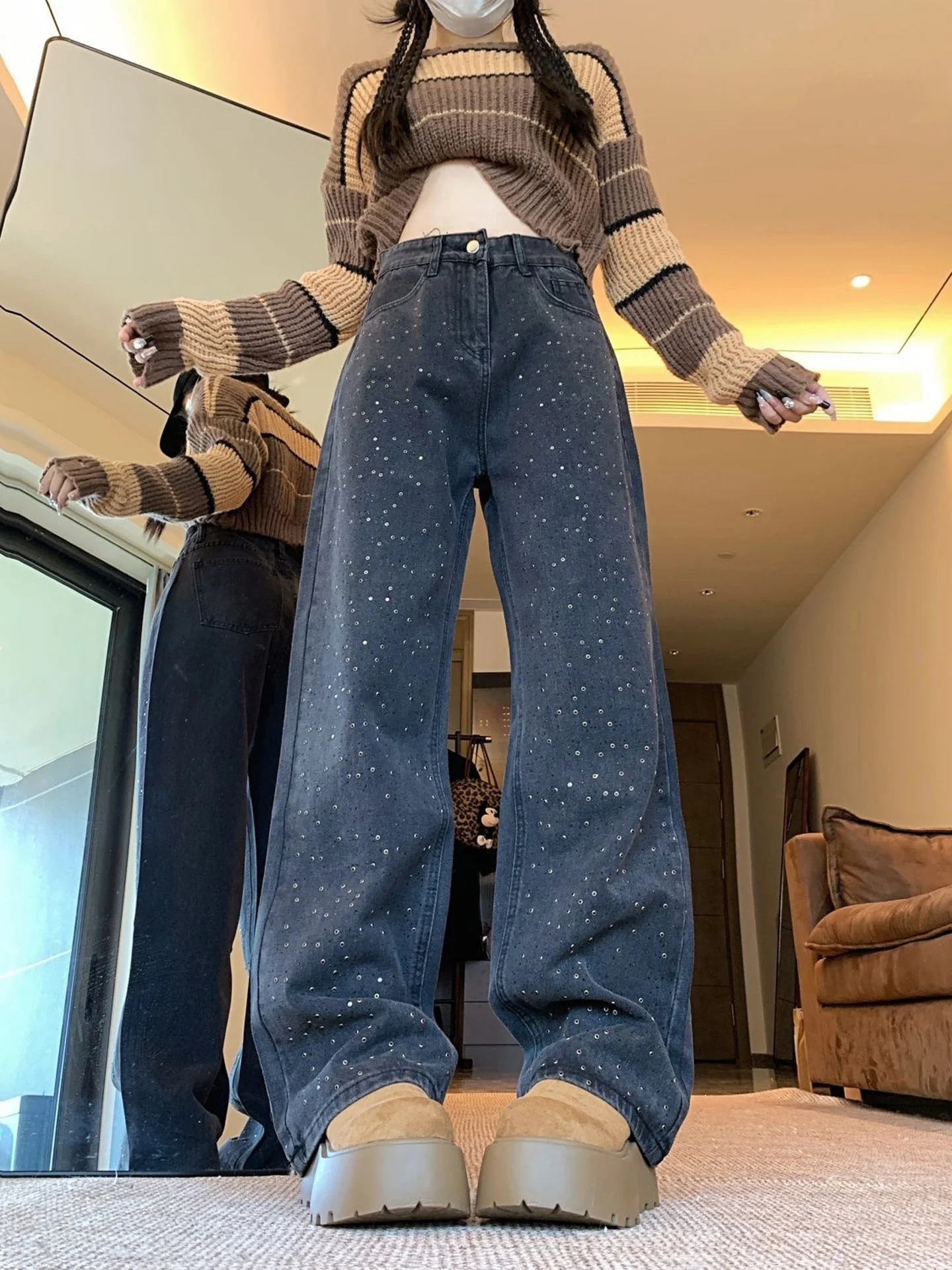 Fashionable Rhinestone Washed Straight Leg Jeans Women's Vintage Black Heavy Duty Loose Slimming Concealing Wide Leg Pants