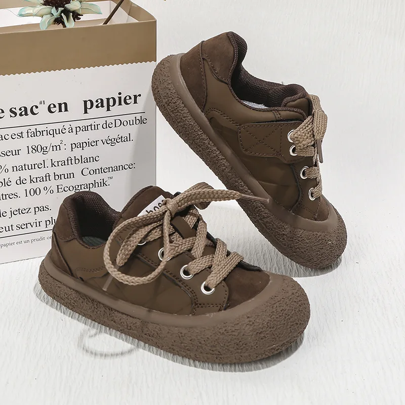 Children\'s Leather Casual Shoes 2023 Autumn Soft Sole Girls Shoes Korean Style Boys Lace-up Board Shoes Comfort Kids Sneakers