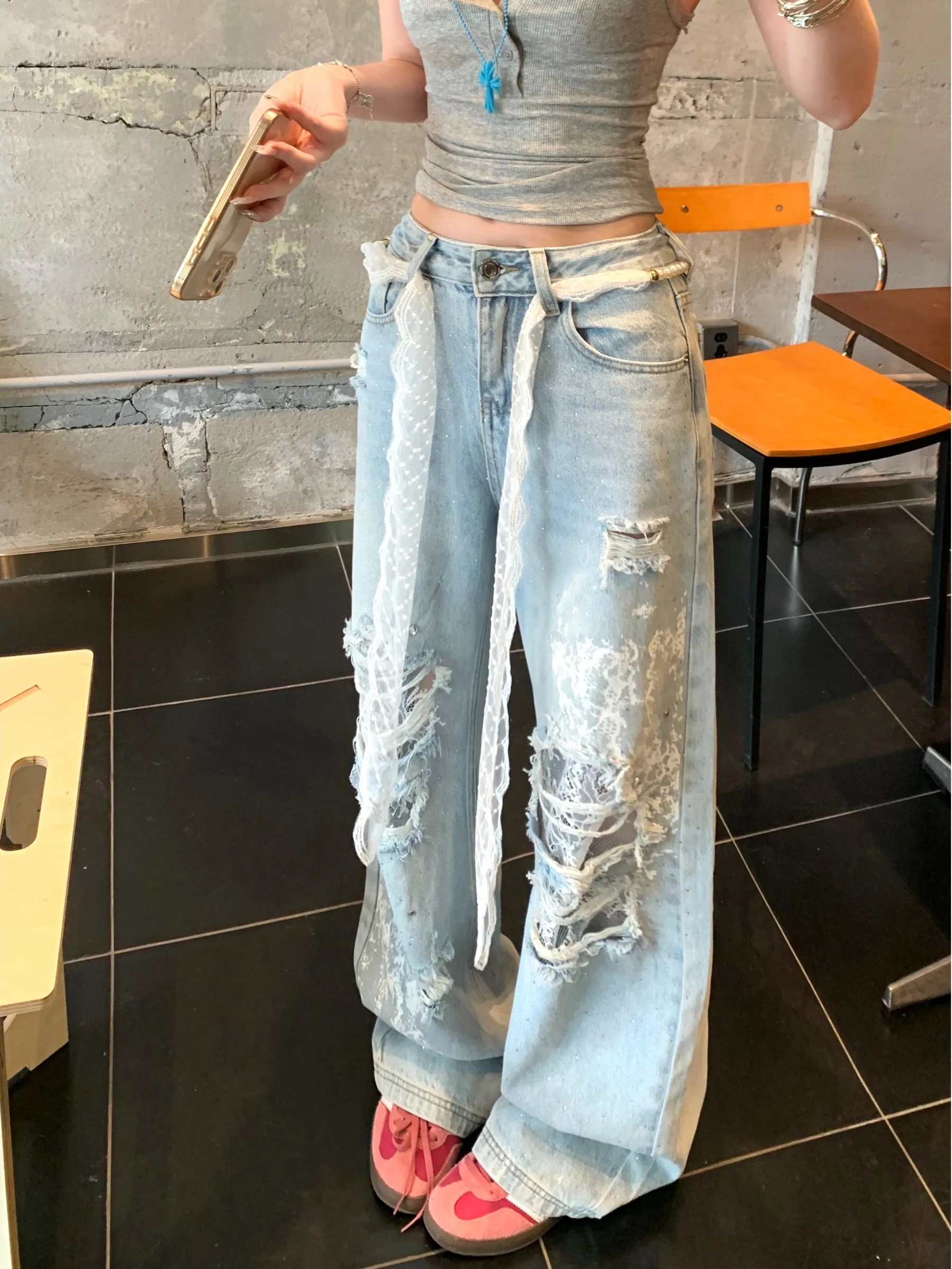 

Heavy Duty Rhinestone Lace Patchwork Hole Denim High Waist Loose Wide Leg Floor Length Pants Design Sensation Women's J...