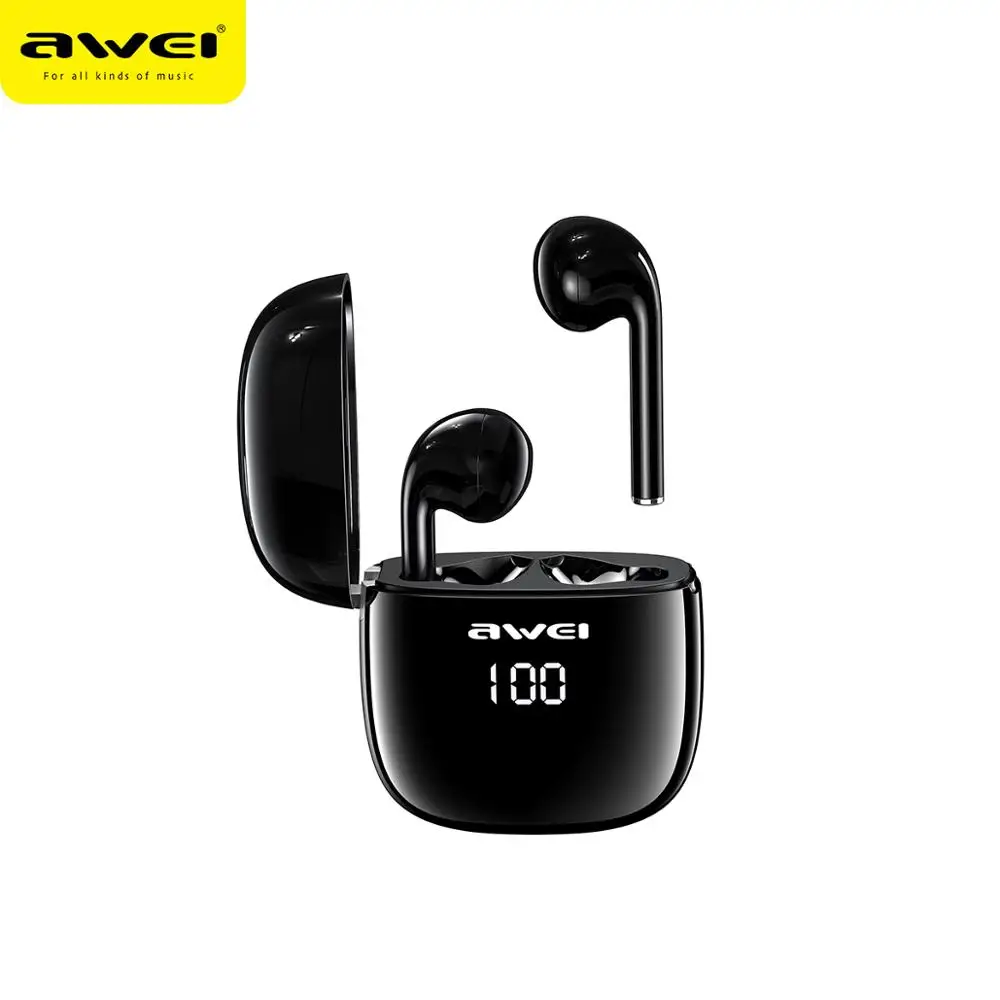 Awei TWS Bluetooth Headphone TWS LED Display Earphones With Mic Earbuds Bass For iPhone & Andriod Low Latency For Gaming