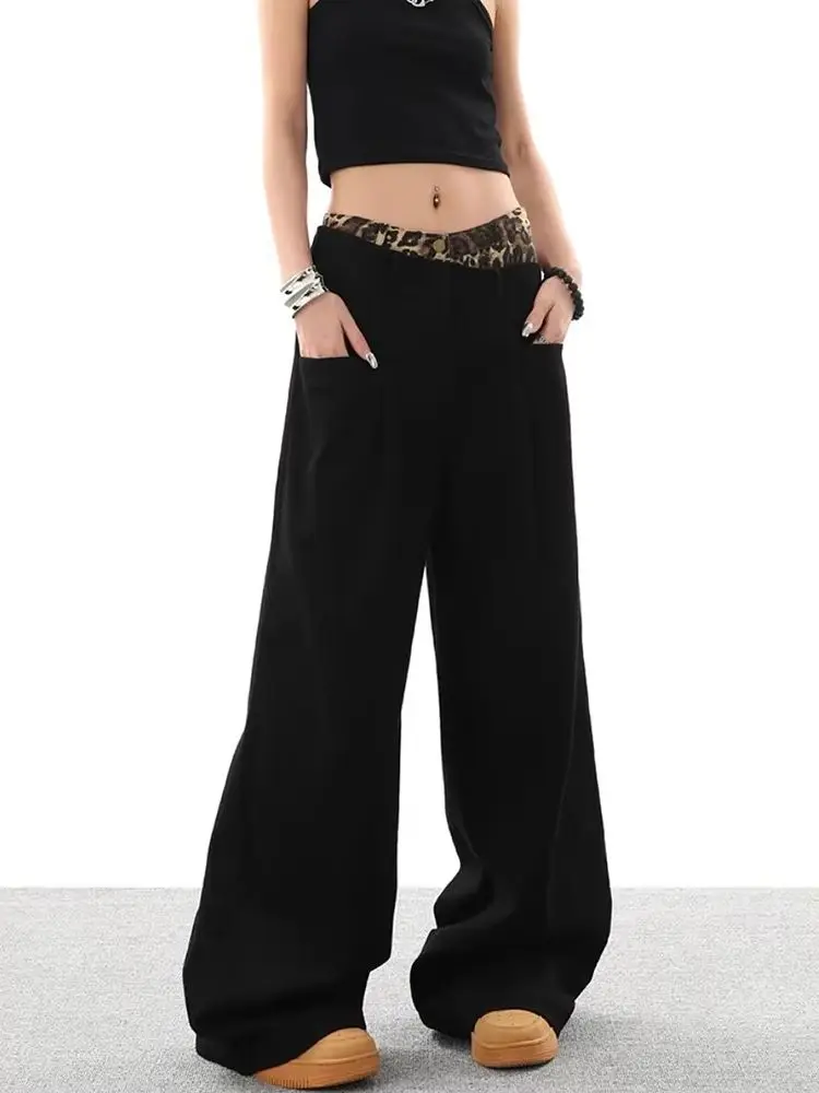 Pantalones vaqueros negros con parches y estampado de leopardo para mujer, pantalones vaqueros de pierna ancha con doble cintura Retro americana, ropa de calle informal holgada a la moda