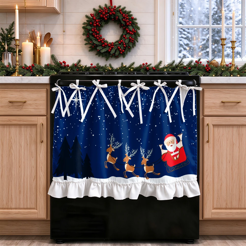 1PC lace up kitchen curtain, ruffled hem, 2D flat Santa Reindeer pattern, cabinet cover curtain, Christmas home decoration