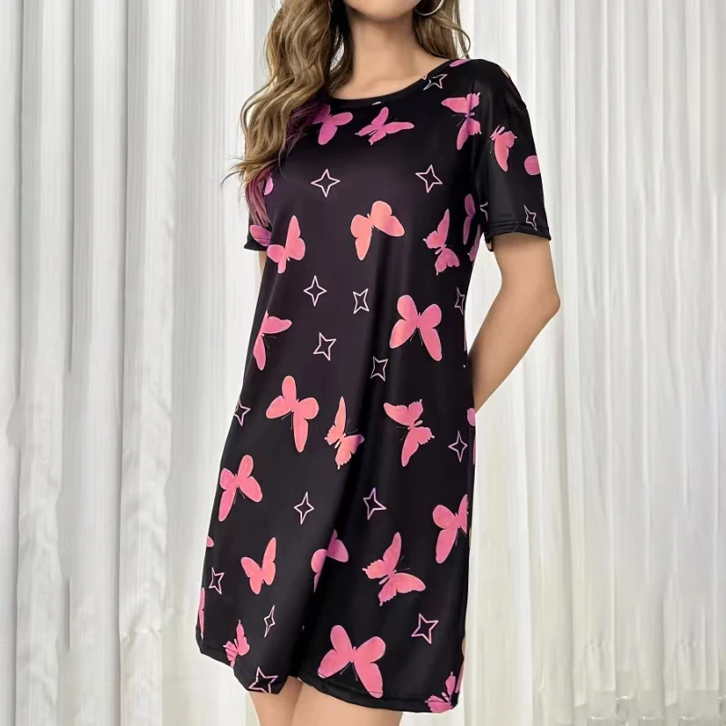 Women\'s Nightdress Summer Butterfly Print Nightgowns Casual Short Sleeve Tee Sleep Dress Soft Comfortable Sleepwear Nightwear