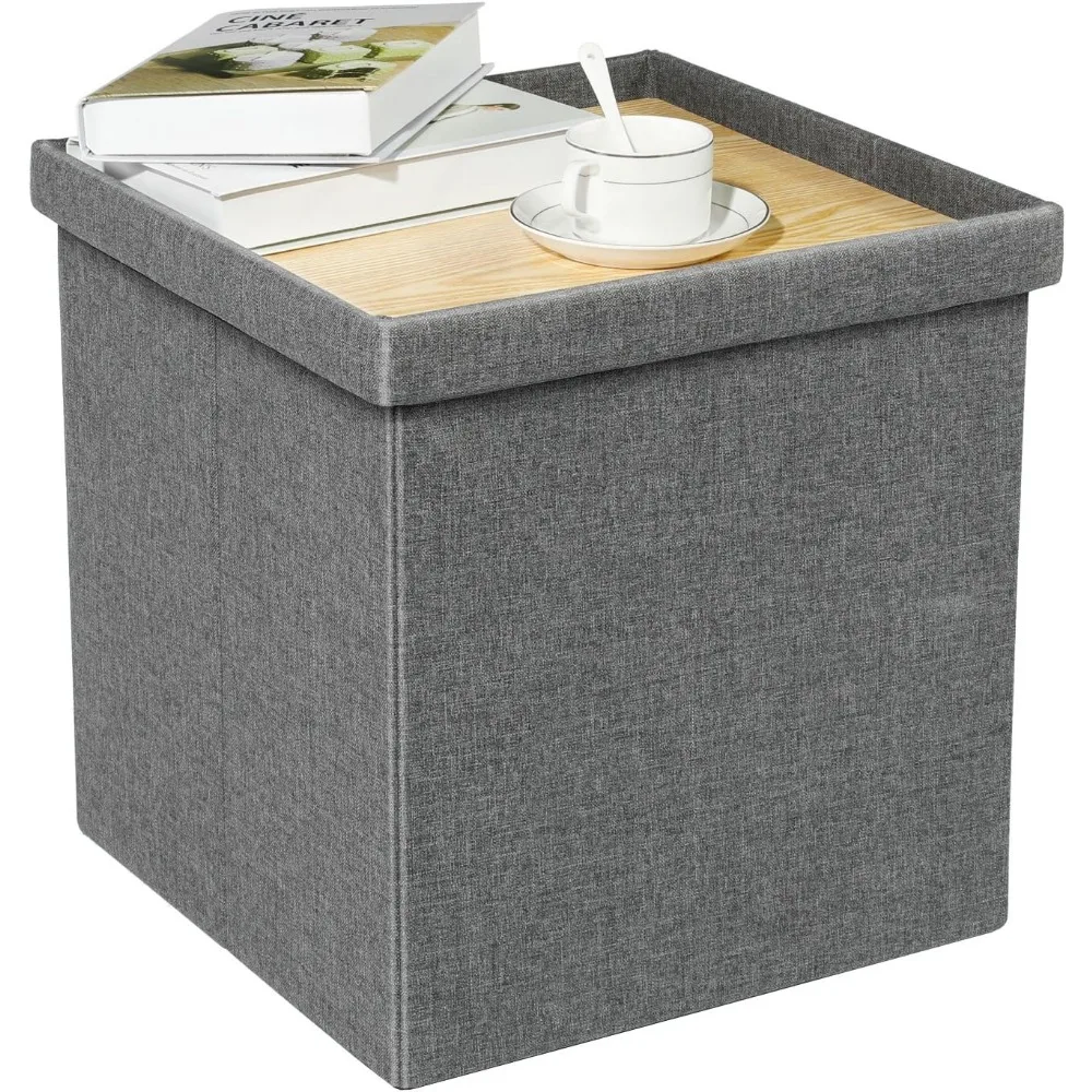 

Ottoman with Tray, Small Ottomans Cube Folding Coffee Table Foot Stool Footrest Seat, Dark Grey Linen 16"X15.7"x15"