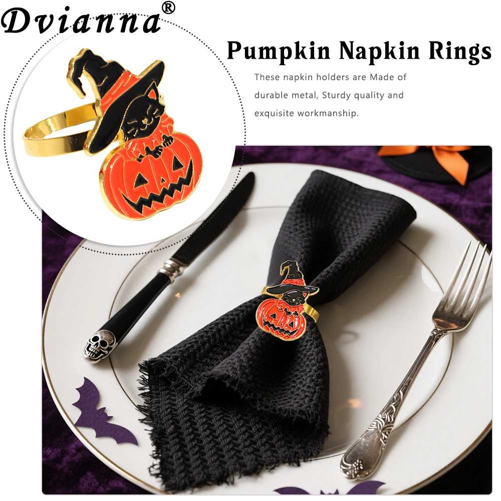 

8Pcs Halloween Napkin Rings Pumpkin Black Cat Witch Hat Napkin Rings Holders for Thanksgiving arty Dinner Table Decorations
