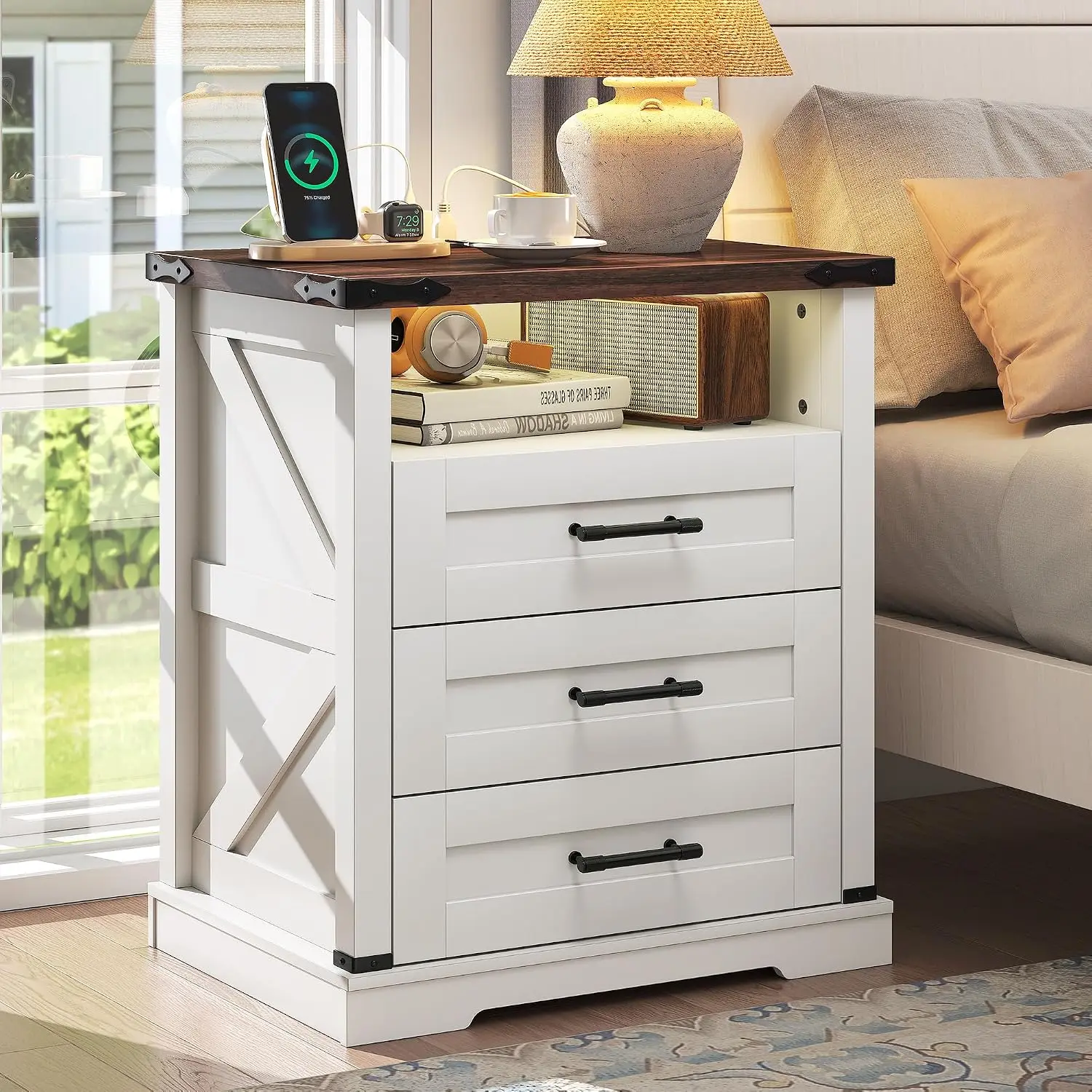 Farmhouse Nightstand with Charging Station & 3 Drawers, White, Customized