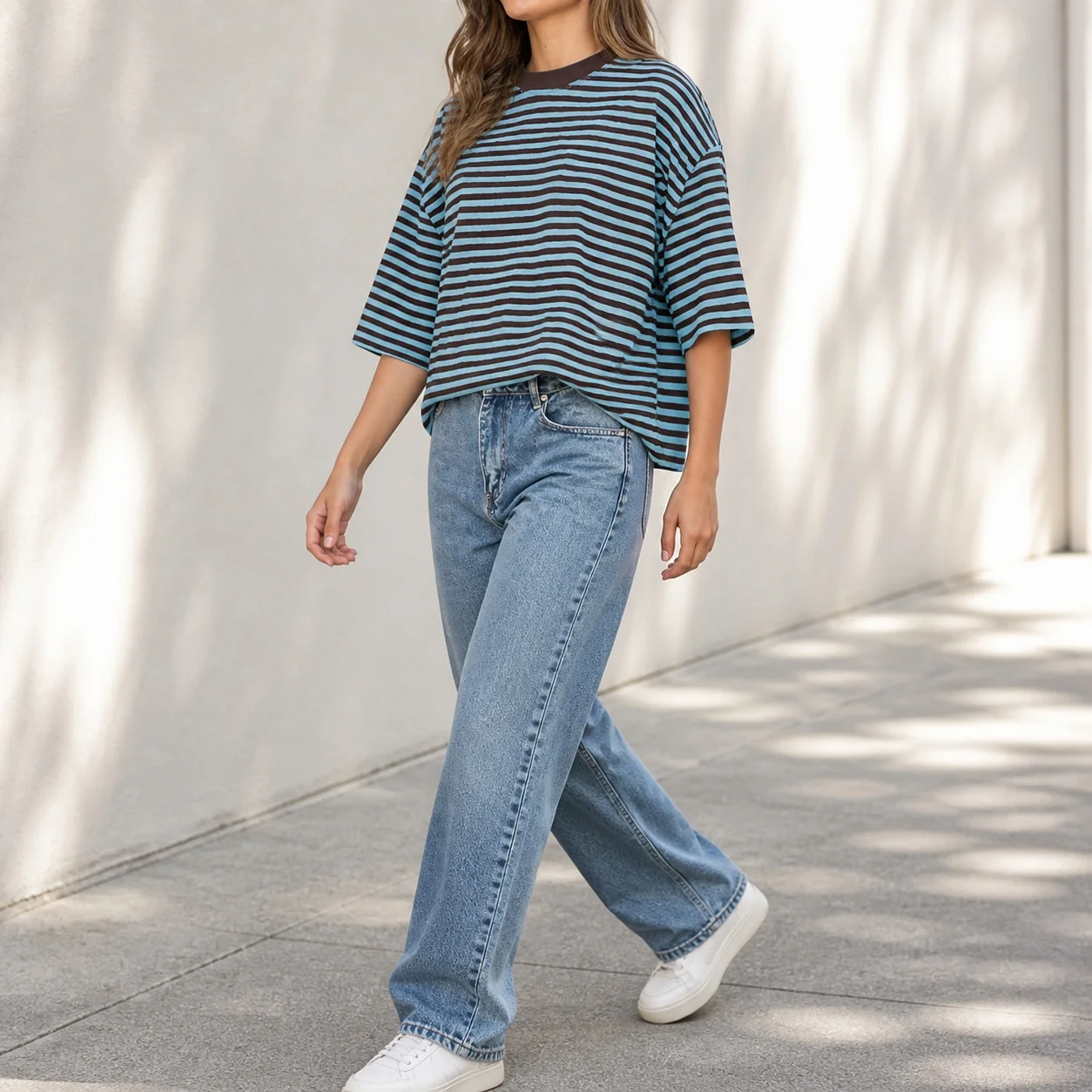 Women's Y2K Striped Round Neck Short Sleeve Drop Shoulder Loose Cropped T Shirt Combed Cotton Knit Color Block Casual Oversized