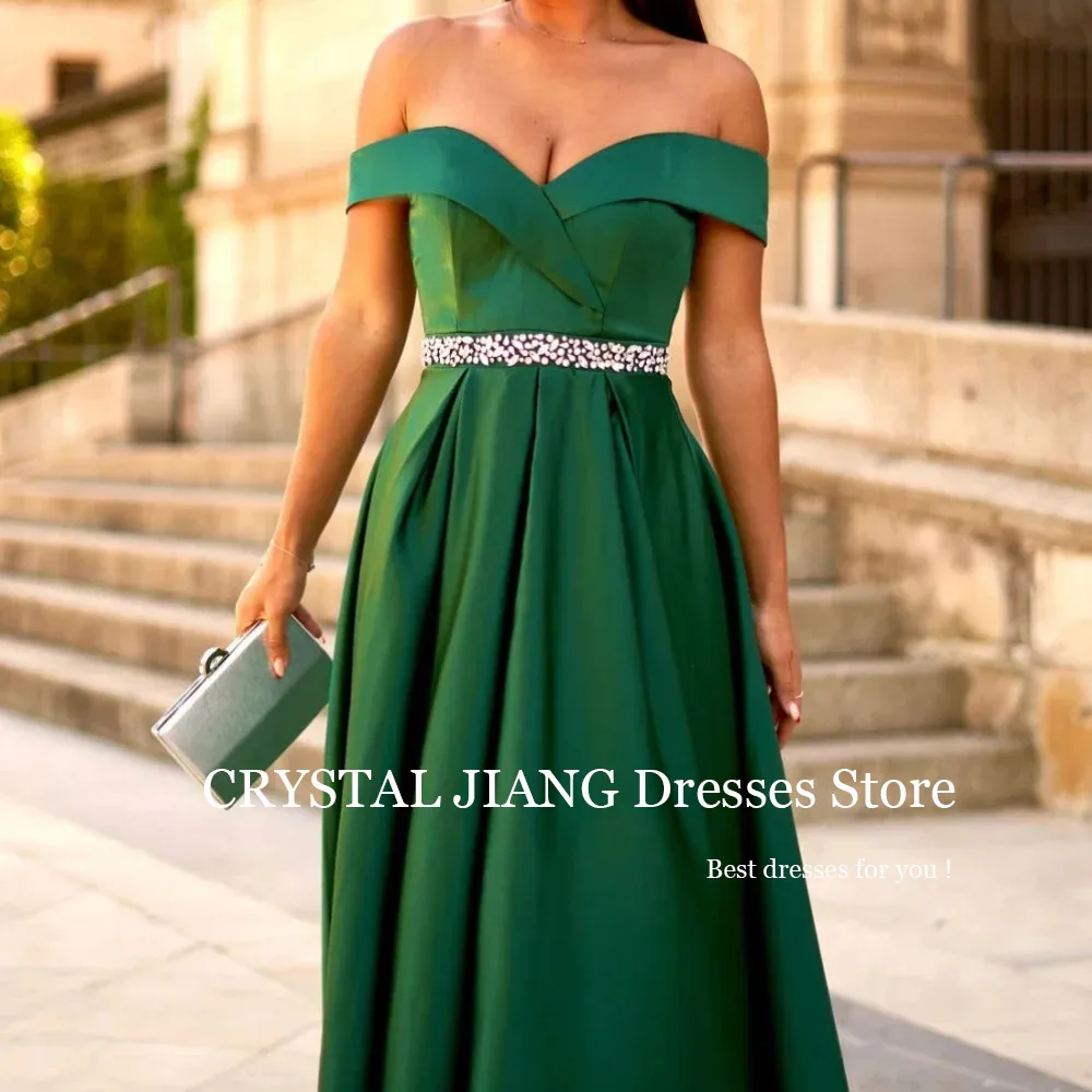 Vintage Long Green Off the Shoulder Beaded Satin Prom Dresses Short Sleeves Lace Up A Line Floor Length Vestido De Festa Longo