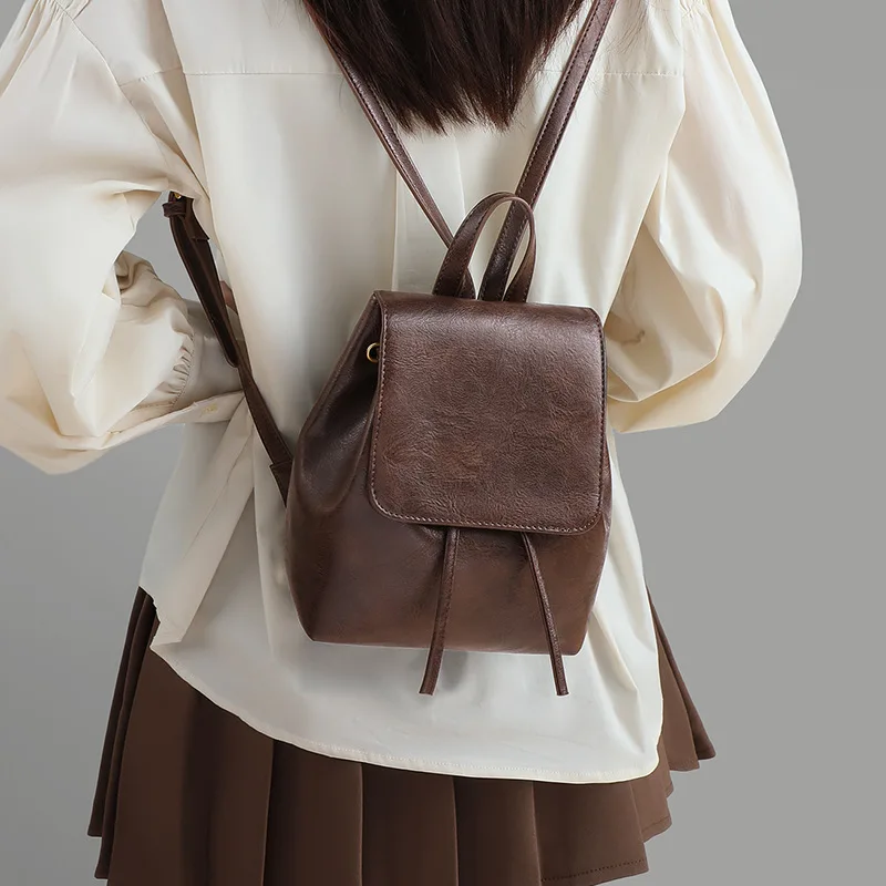 Women Brown Genuine Cowhide Leather Backpack with Flap Drawstring Vintage Soft Shoulder Bag for Daily Casual Travel