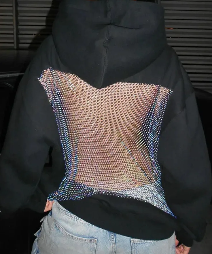 Übergroßer Hoodie für Damen, Langarm, Netzstoff-Rücken, Cut-Out-Pullover, Sweatshirt, Y2K, sexy, ausgehöhlt, lässige Streetwear-Oberteile – Detail 3