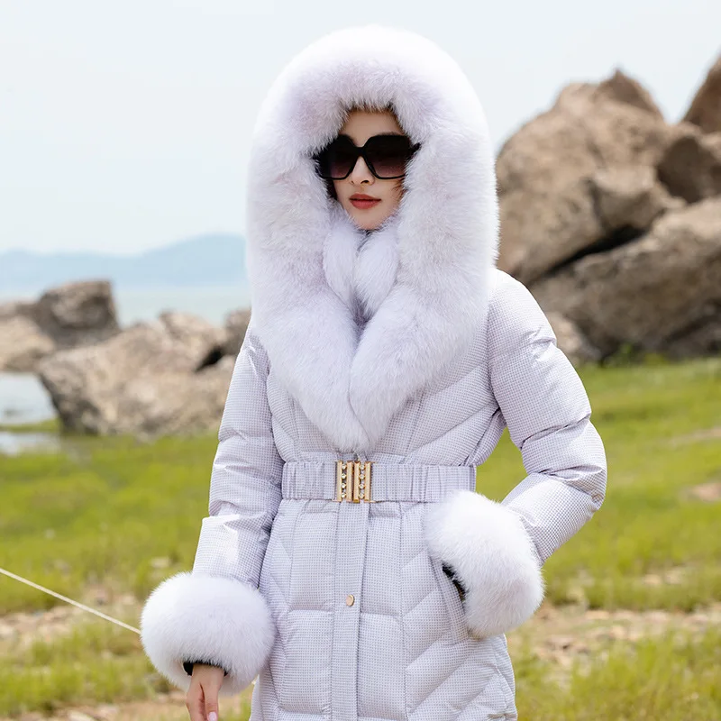 럭셔리 여성용 롱 다운 코트, 여우 대형 모피 칼라, 95% 화이트 덕 다운, 방수 슬림 핏, 두꺼운 보온 X 롱 다운 재킷