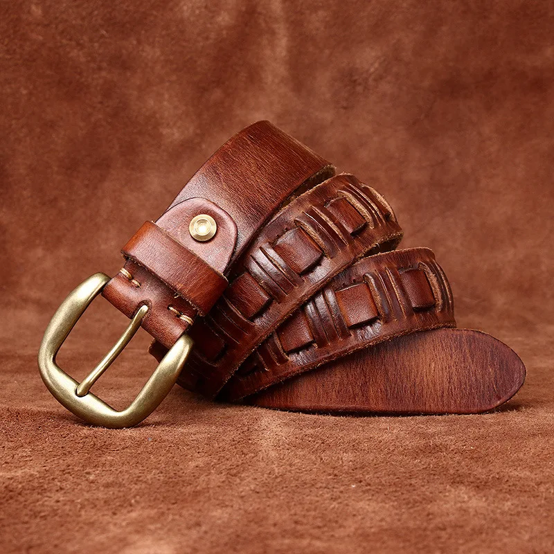 メンズ38cm手編み本革ベルトピンバックルおしゃれ個性トレンドレトロトップレイヤー牛革ベルト