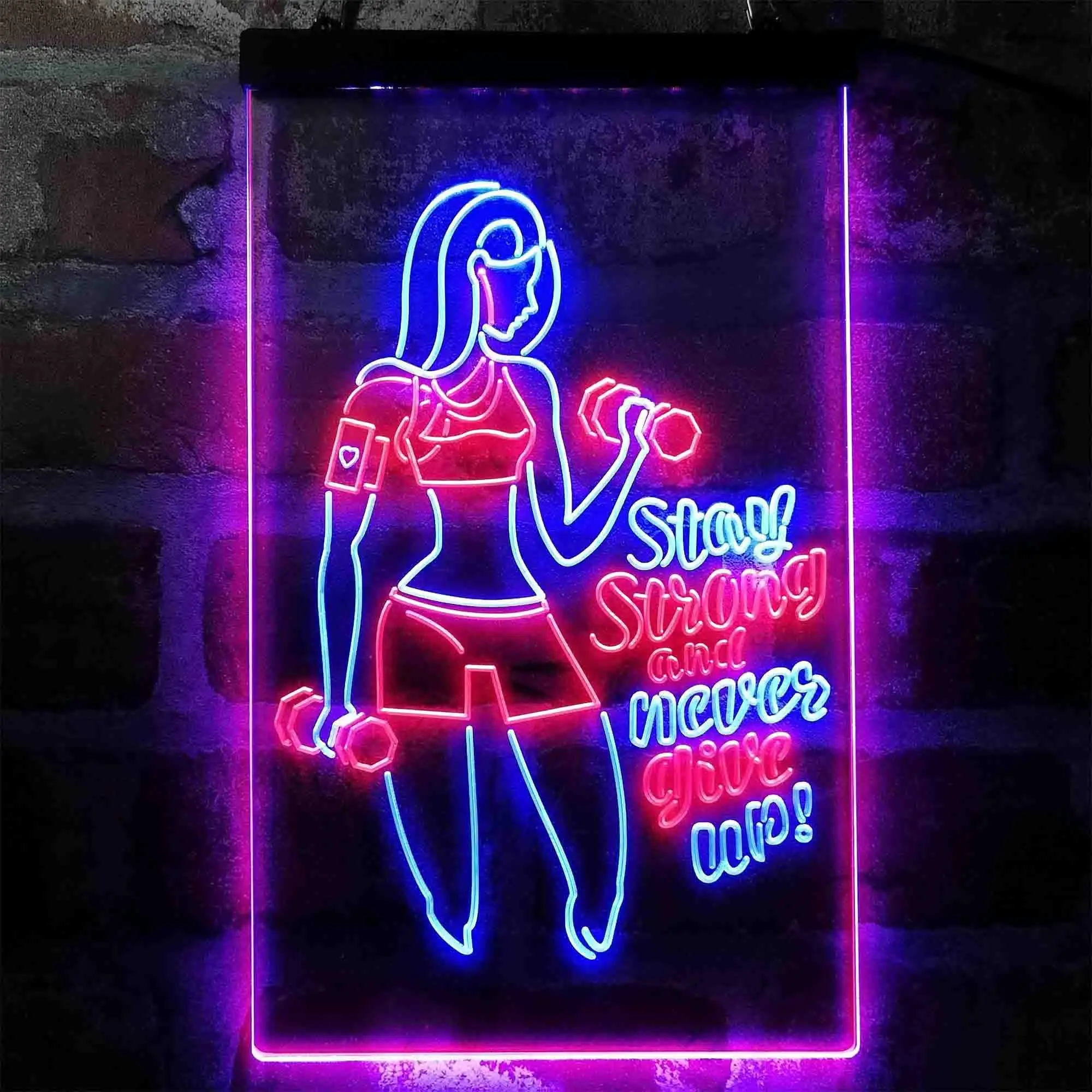 Fitness Club Gym Stay Strong Never Give Up Letrero de neón LED de doble color st6-i4043