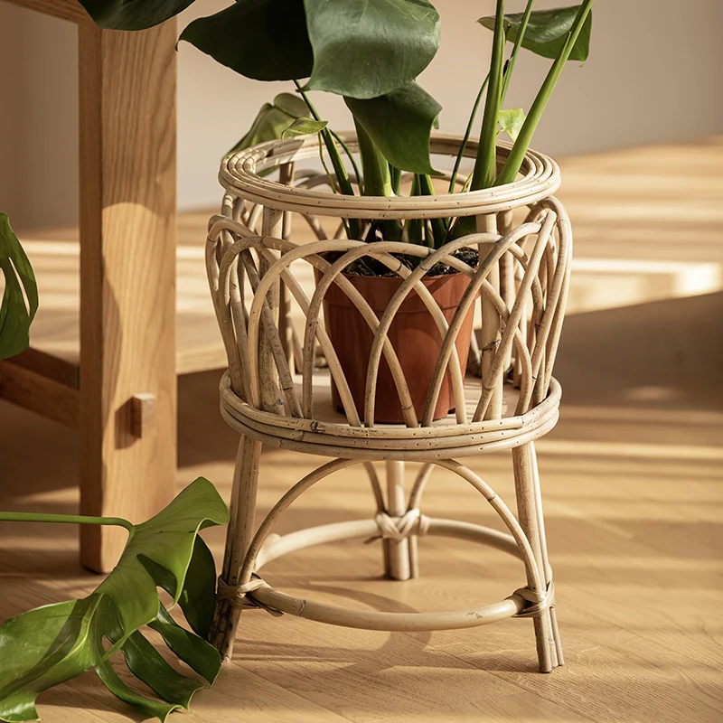 Nordic Rattan Weaving Plant Stand Living Room Balcony Flower Stand Bonsai Landing Rack for Plants Practical Indoor Garden