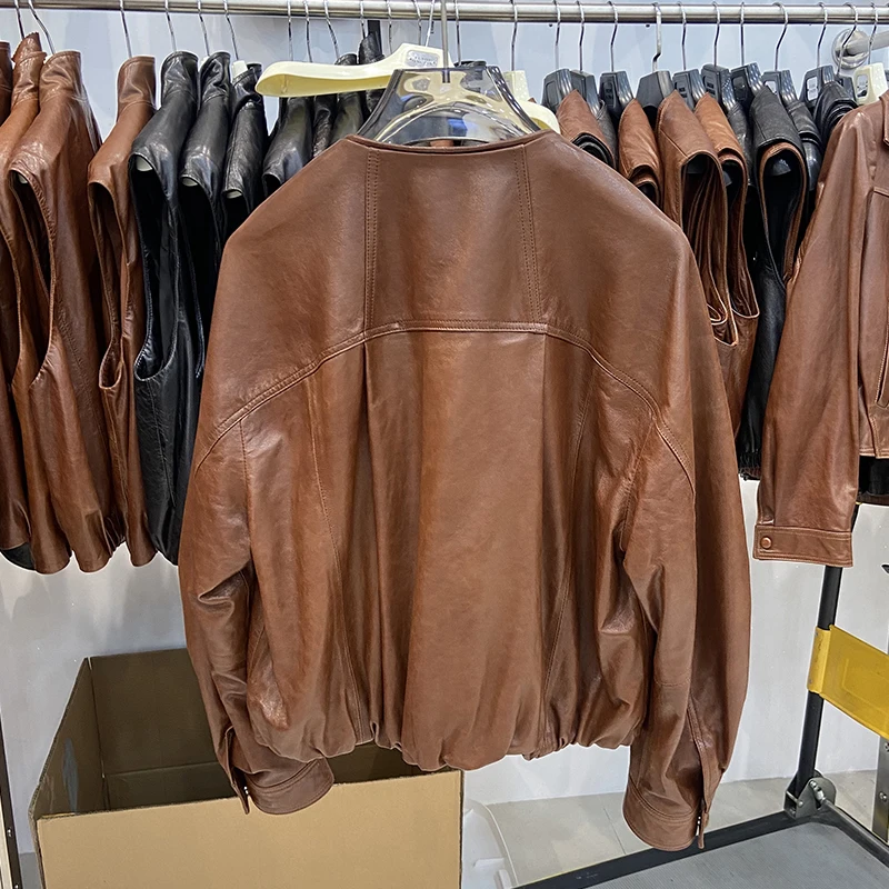 New Arrival Women Autumn Black Sheepskin Genuine Leather Jacket Fashion Camel Round Neck Loose Casual Short Overcoat