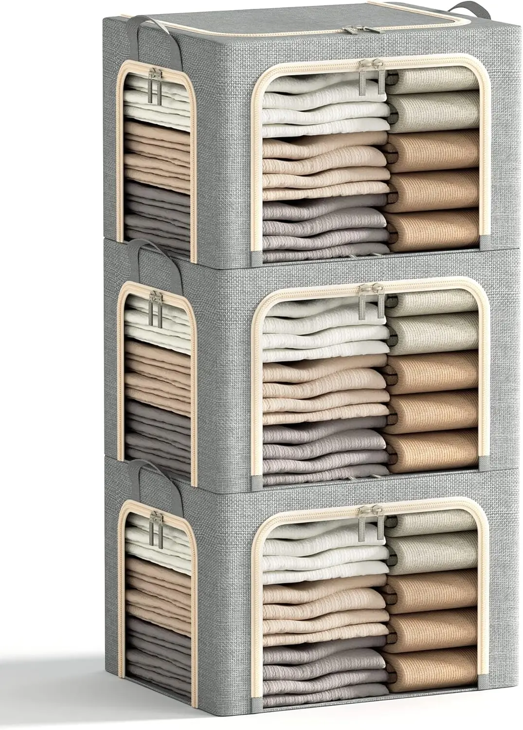 

3 Openings Clothes Storage Bins with Metal Frame, Foldable Storage Bin for Clothes, Clothing Storage Bins with Lid, Linen Sto