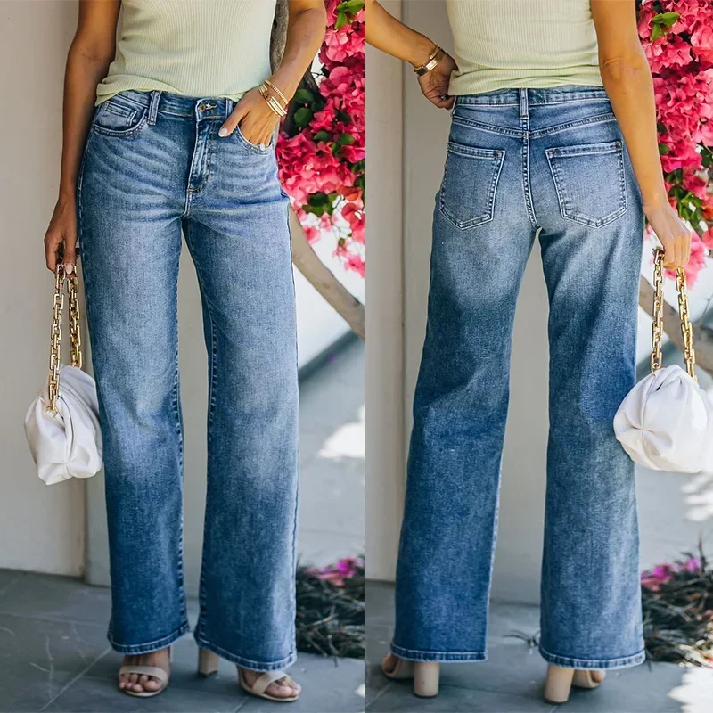 Women Jeans Denim Wide Leg Pants Washing Loose Fit High Waist Pockets Solid Color Ankle Length Pants Zipper Fly Basics