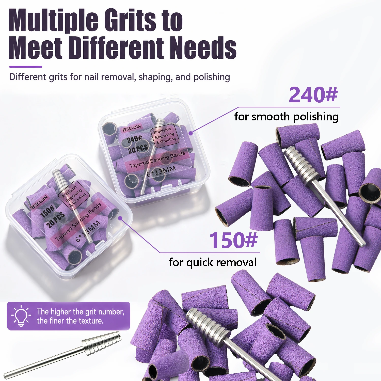 20Pcs Tapered Cone Purple Nail Sanding Bands Kit with Mandrel, 6×13mm Sand Sleeves, 150# & 240# Grit Available, Nail Drill Accessories for Acrylic Nails, Gel Polish Removal & Nail Polishing
