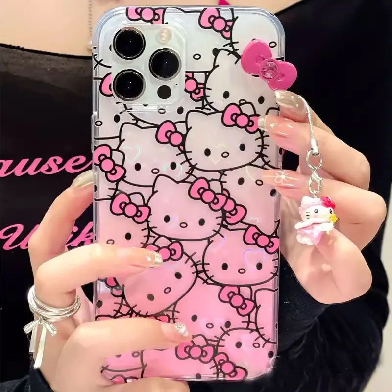 Hello Kitty Full Screen KT Laser Bow Phone Case For iPhone 16 15 14 12 13 11 Pro Max XR XS MAX 7 8 PLUS MINI Y2K Girl Pink Cover