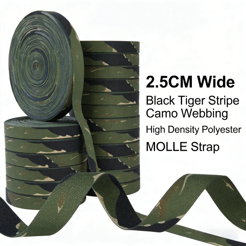 

2.5CM Wide Black Tiger Stripe Camo Webbing, High Density Polyester MOLLE Strap for Tactical Vest, Belt, Bag & Gear