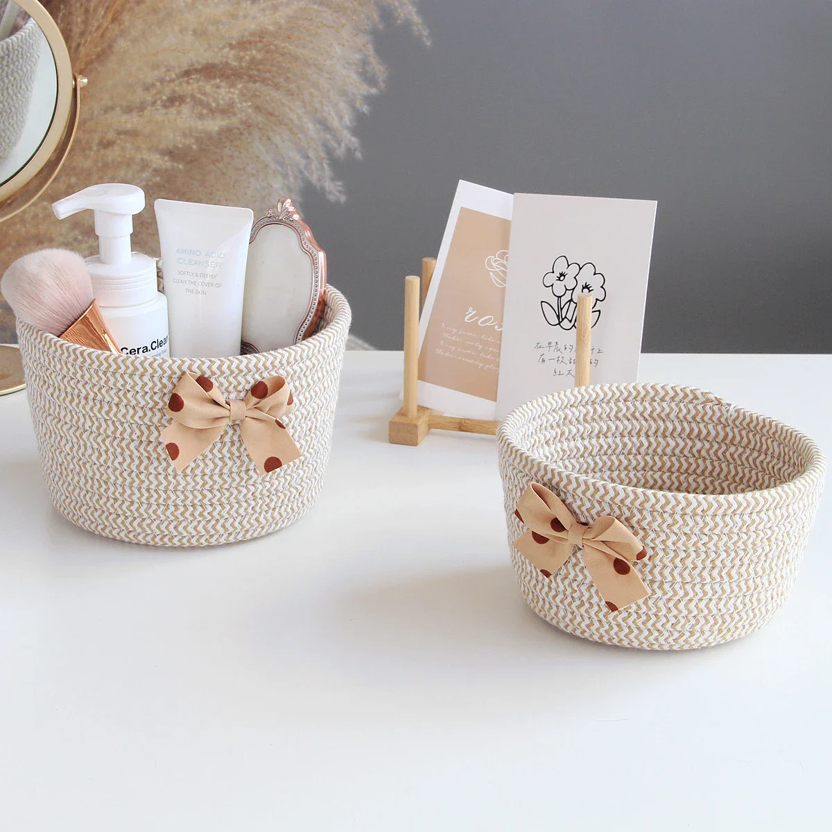 Cotton Rope Woven Storage Basket Fashion Bow Decoration Children\'s Toy Organizer Handmade Desktop Candy Snacks Sundries Boxes