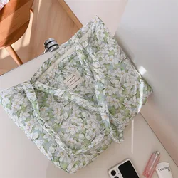 All-Match Polyester Flower Cotton Tote Bag Canvas Thickened Sweet Floral Handbag Portable Zipper Cloth Shoulder Bag School