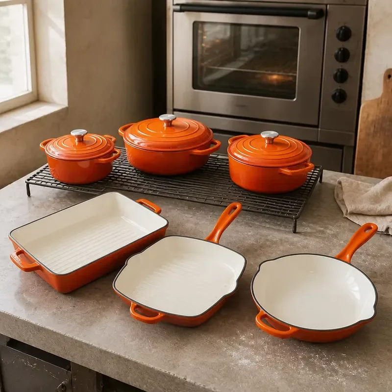 Multi Color Enameled Cast Iron Cookware Set Heavy Kitchen Pots Pans for Home Indoor Culinary Preparation Work