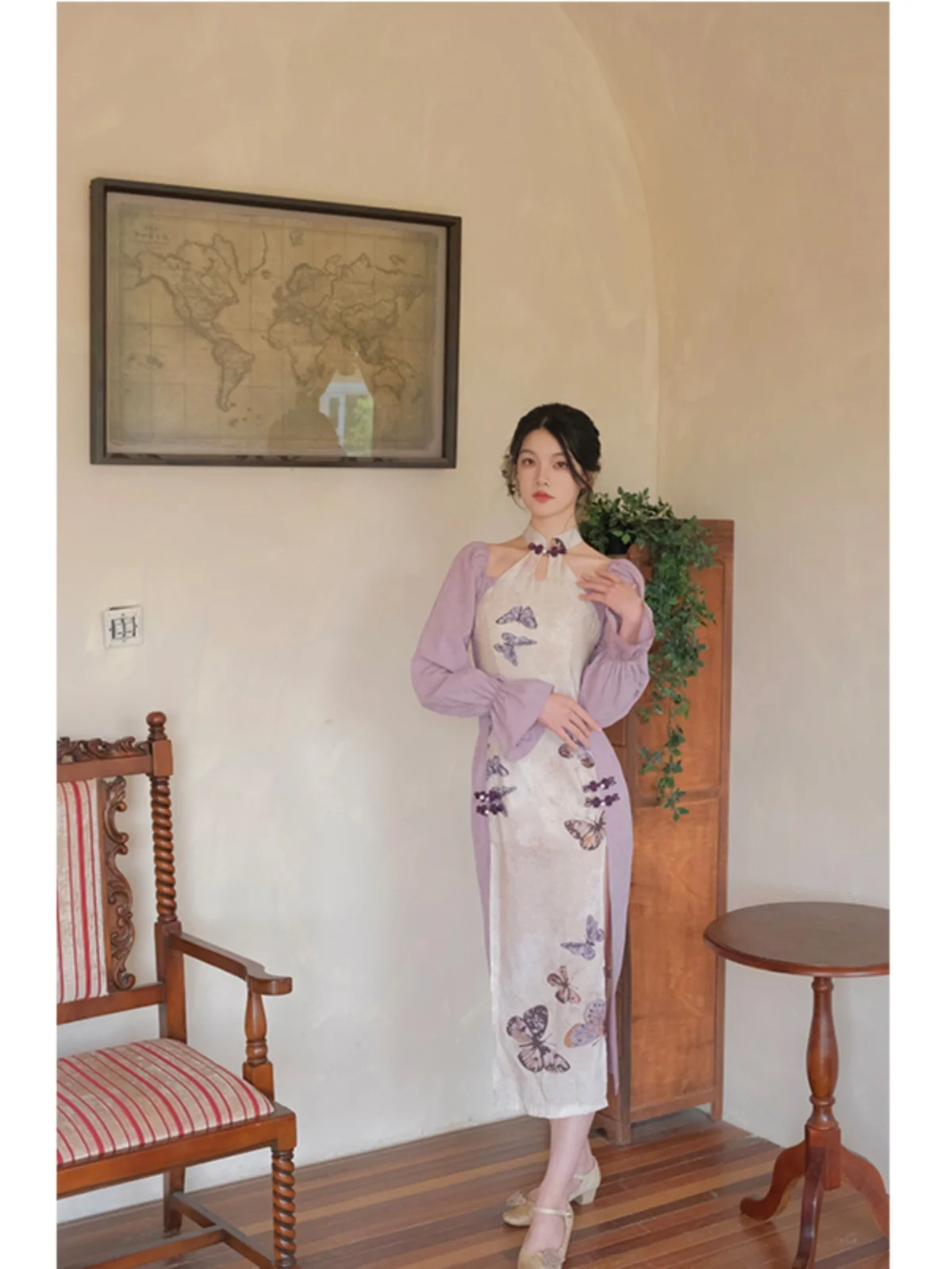 

Chenghe Tidy Zhangeng Mengdie New Chinese Sle Patchwork Improved Purple Waist Cinching Slimming Natio...