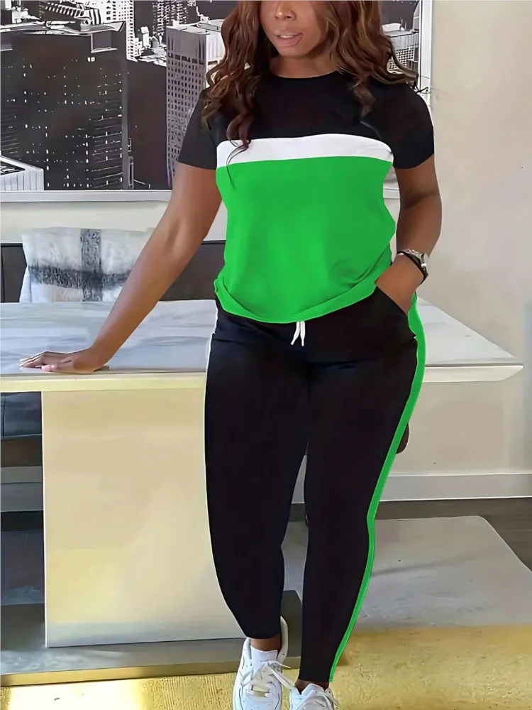 

Summer Womens New Long Pants Set Casual O-Neck Short Sleeve T-Shirt Top Pullover Two Piece Set T-Shirt Tracksuit Female Clothing