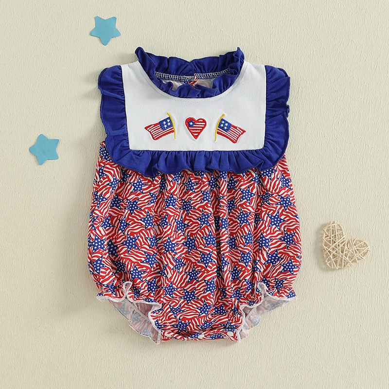 

0-18 Months Baby Girls Independence Day Romper Sleeveless Ruffled Round Neck Flag Embroidery Jumpsuit