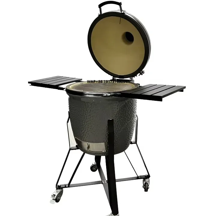 Hot Selling Modern Style Outdoor Handcart Large Oval Glossy Light Grey Ceramic BBQ Charcoal Grill MK22GB Large Capacity