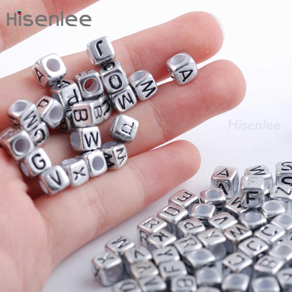 Letter Antique Silver Acrylic Cube DIY Beads 200PCs 6MM Random Mixed Alphabet Beads For Making Bracelet Jewelry Perforated beads
