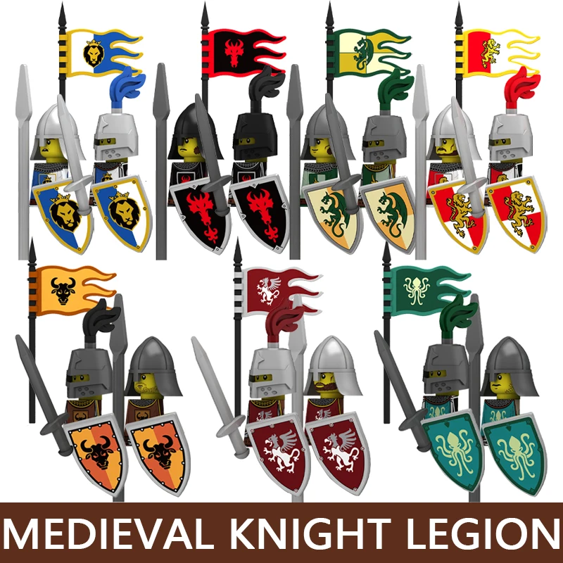 Briques de construction de château médiéval, soldat, chevalier militaire, drapeau, taureau, kraken, lion, dragon vert, gardien du roi, lance, accessoires, jouet