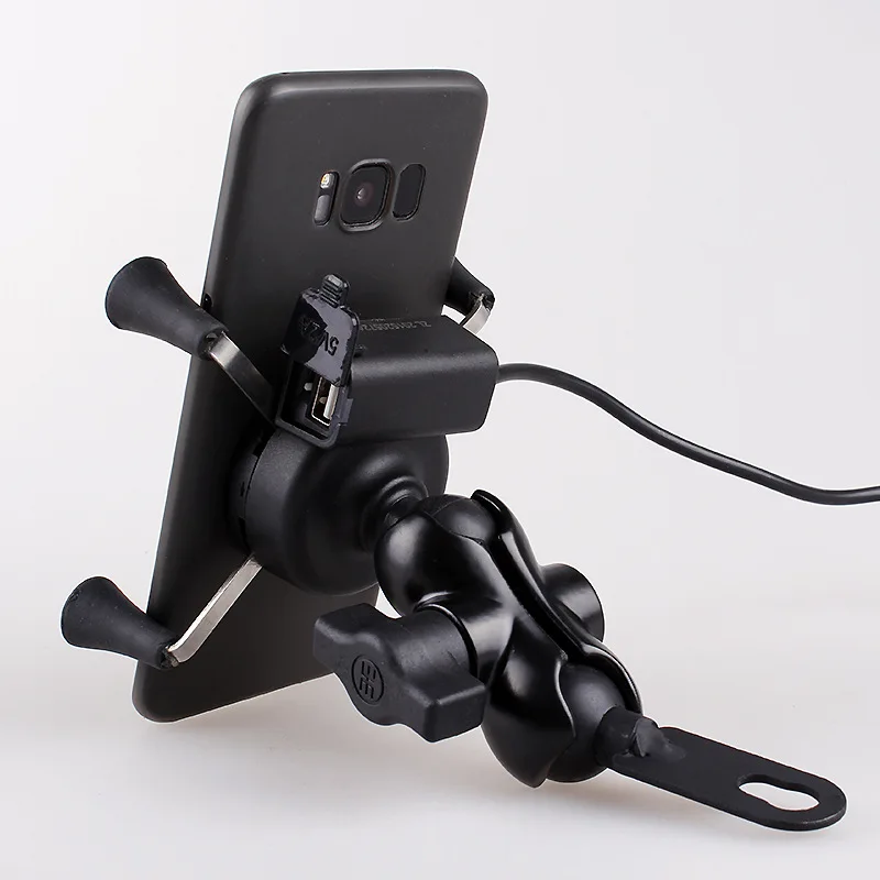 Cycling Mount Holder with Ball Head Arm Mobile Phones Stands with USB charger for Motorcycle Rear-mirror Base