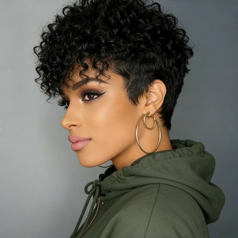 Natural Black Short Pixie Cut Human Hair Wig